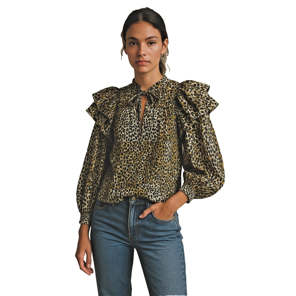 Ulla Johnson ruffled leopard‎ print cotton blouse sz 2 Boho Victorian Inspired